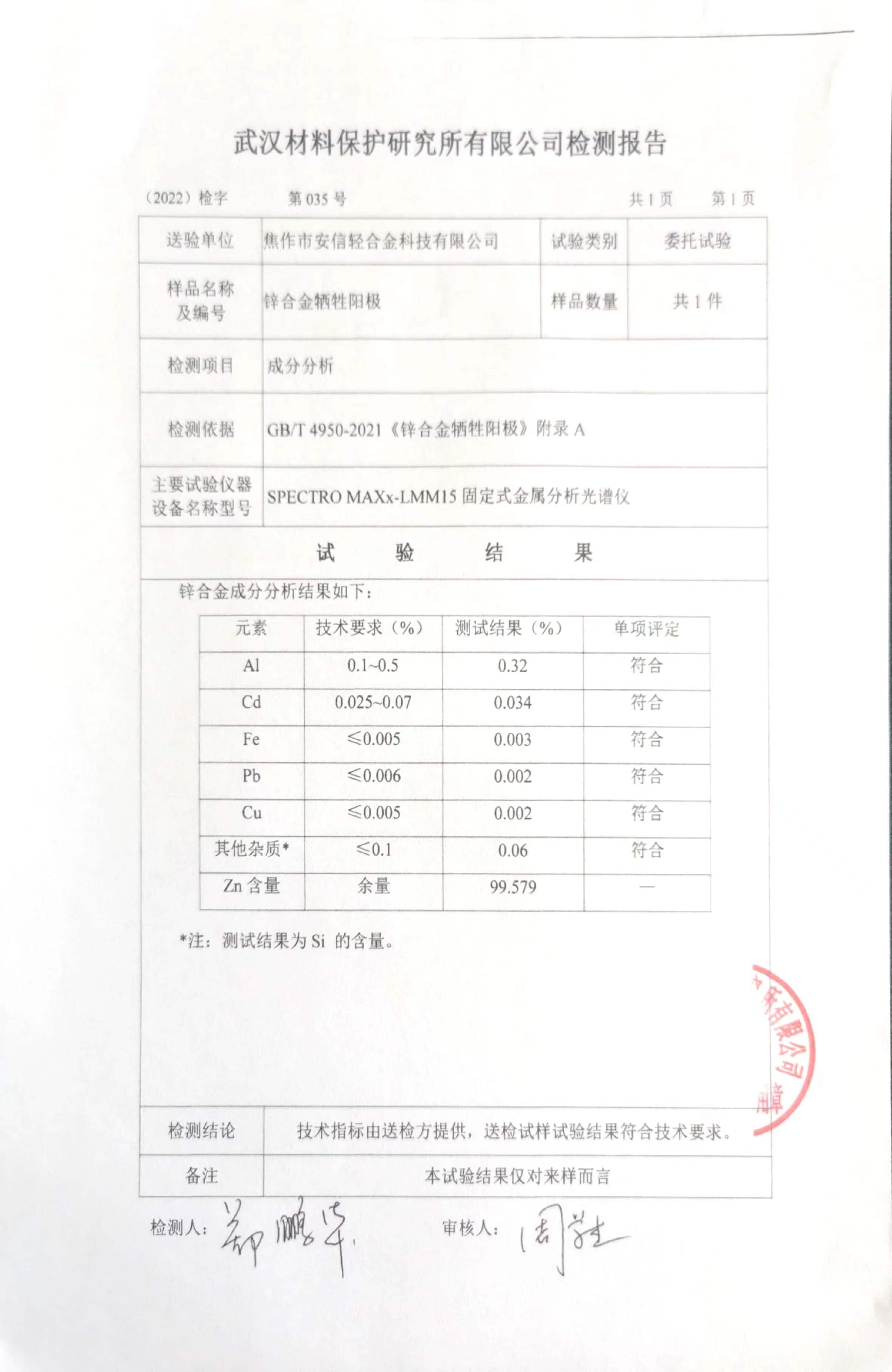 鋅合金犧牲陽極檢驗報告